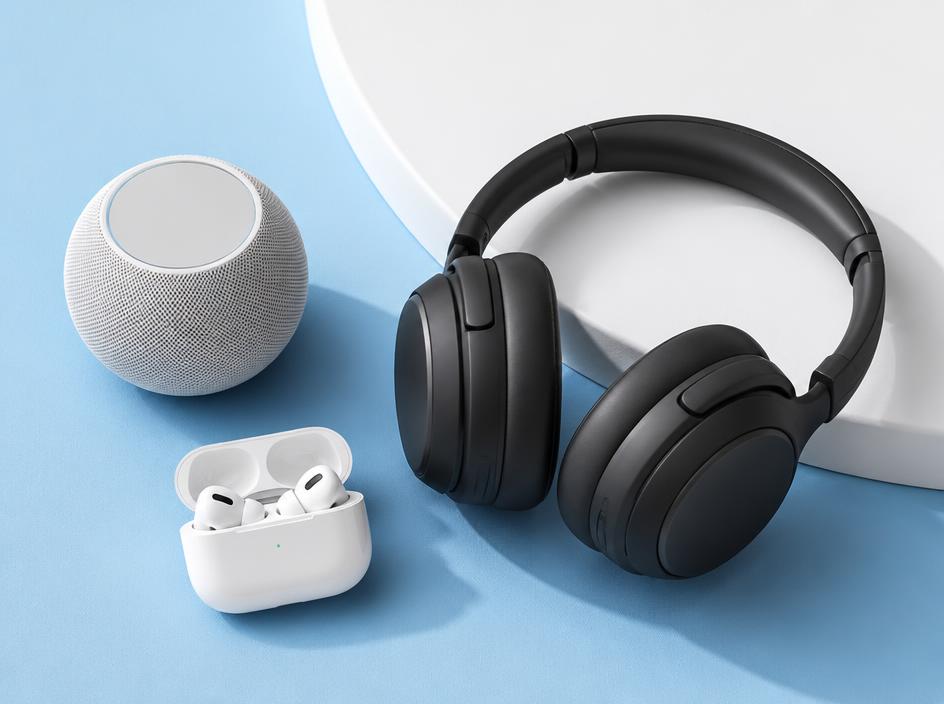 Wireless earbuds, a black bluetooth headset and a compact smart speaker on a light blue studio backdrop.