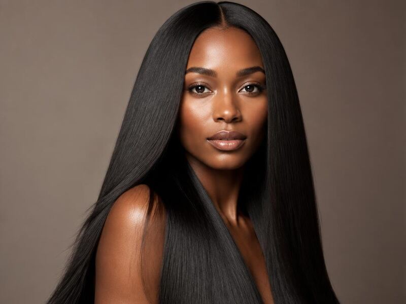 Model with long glossy straight 100% human hair in a studio beauty portrait.
