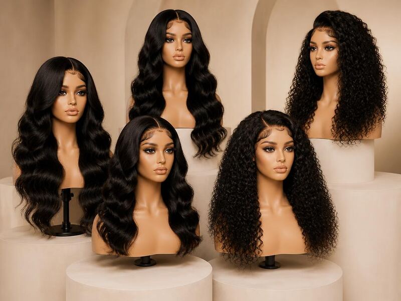Body wave and curly human hair wigs displayed on mannequin heads in a boutique setting.