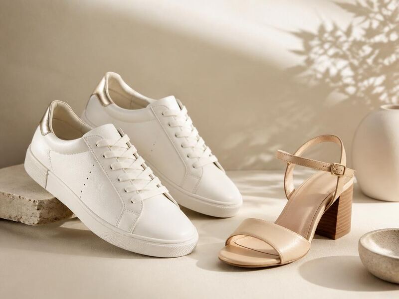 White leather women's sneakers beside a nude block-heel sandal on a cream studio backdrop.